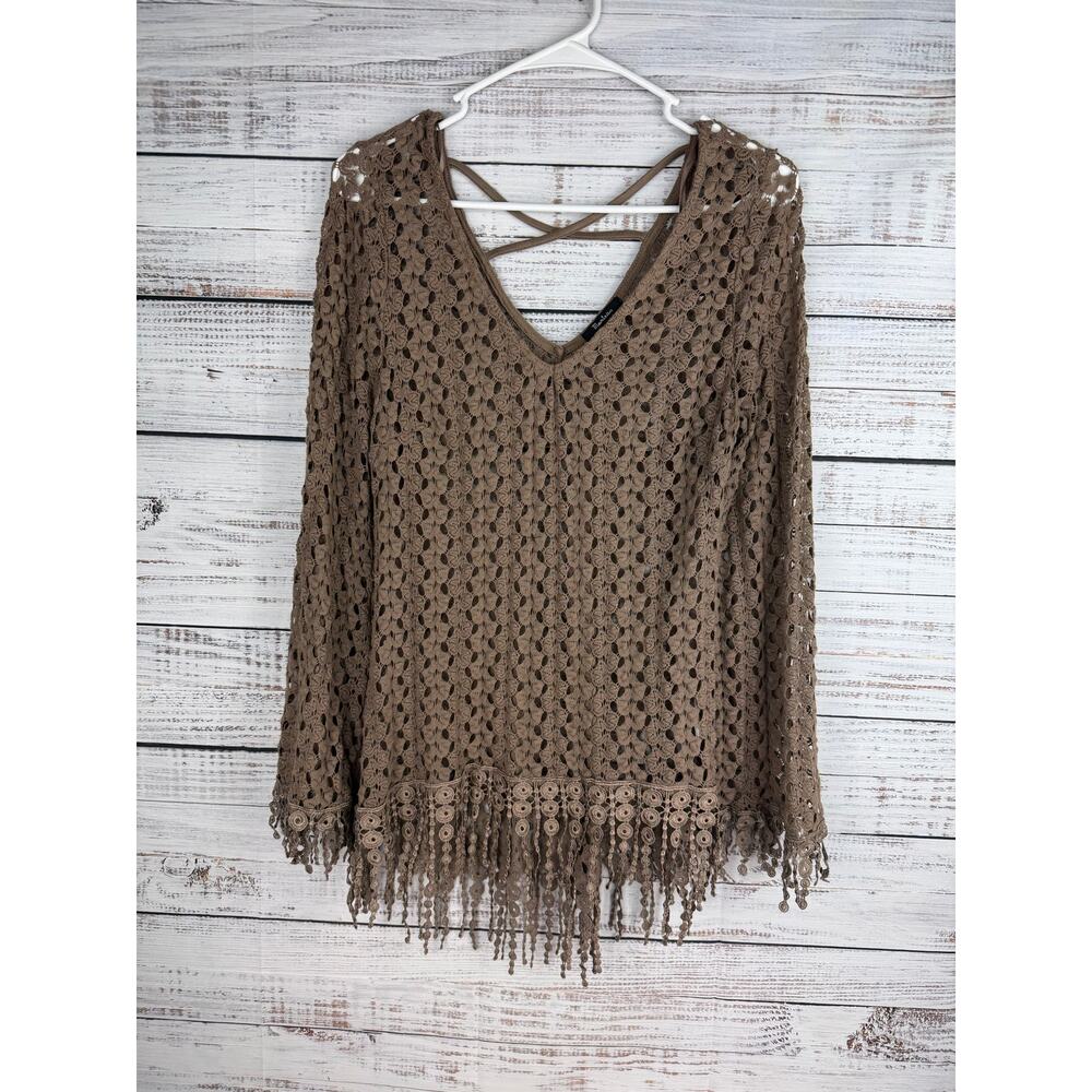 Monteau Brown Crochet Knit Top Large Fairy Festival Boho Tassels Long Sleeve